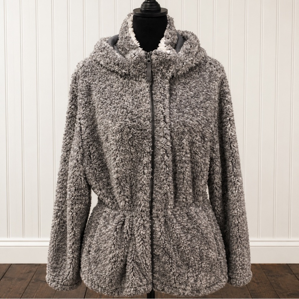 SANTA FE APPAREL Women’s Grey Full Zip 3/4 Length Hooded Sherpa Teddy Jacket XXL